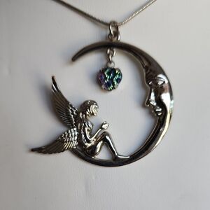 Silver Angel Moon Pendant Necklace